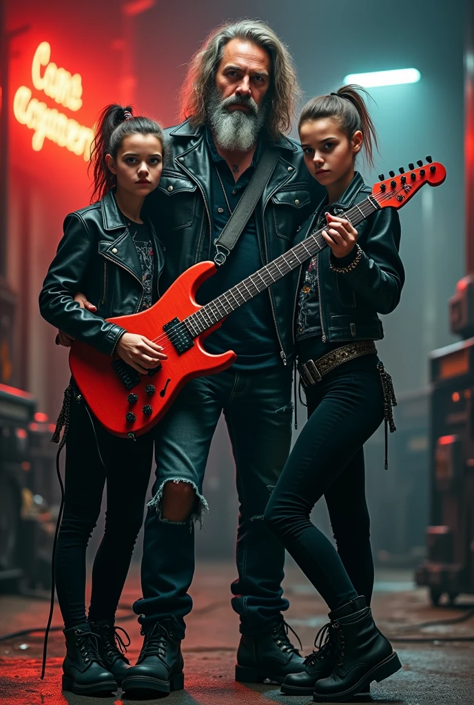 Cool rocker photo of a dad holding his two daughters and an electric guitar dressed as rockers