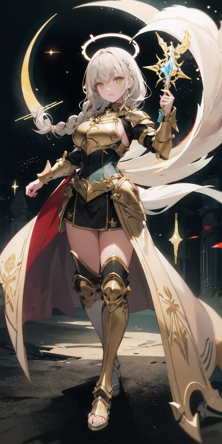 full body of paladin lady in ornate golden armor, black collar, pauldrons, breastplate, corset, glowing halo, single braid, BRUNETTE , yellow glowing eyes, bright pupils, eye focus, red cape, temple indoors, stained glass windows, night, moonlight, particles, light beam, chromatic aberration