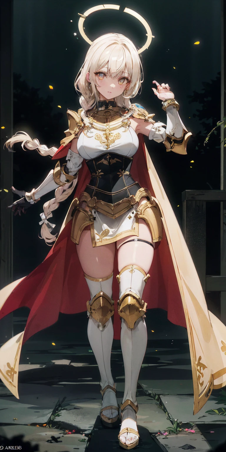 full body of paladin lady in ornate golden armor, black collar, pauldrons, breastplate, corset, glowing halo, single braid, BRUNETTE , yellow glowing eyes, bright pupils, eye focus, red cape, temple indoors, stained glass windows, night, moonlight, particles, light beam, chromatic aberration