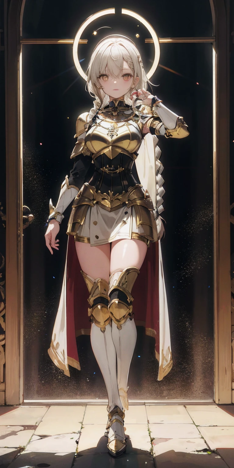 full body of paladin lady in ornate golden armor, black collar, pauldrons, breastplate, corset, glowing halo, single braid, BRUNETTE , yellow glowing eyes, bright pupils, eye focus, red cape, temple indoors, stained glass windows, night, moonlight, particles, light beam, chromatic aberration