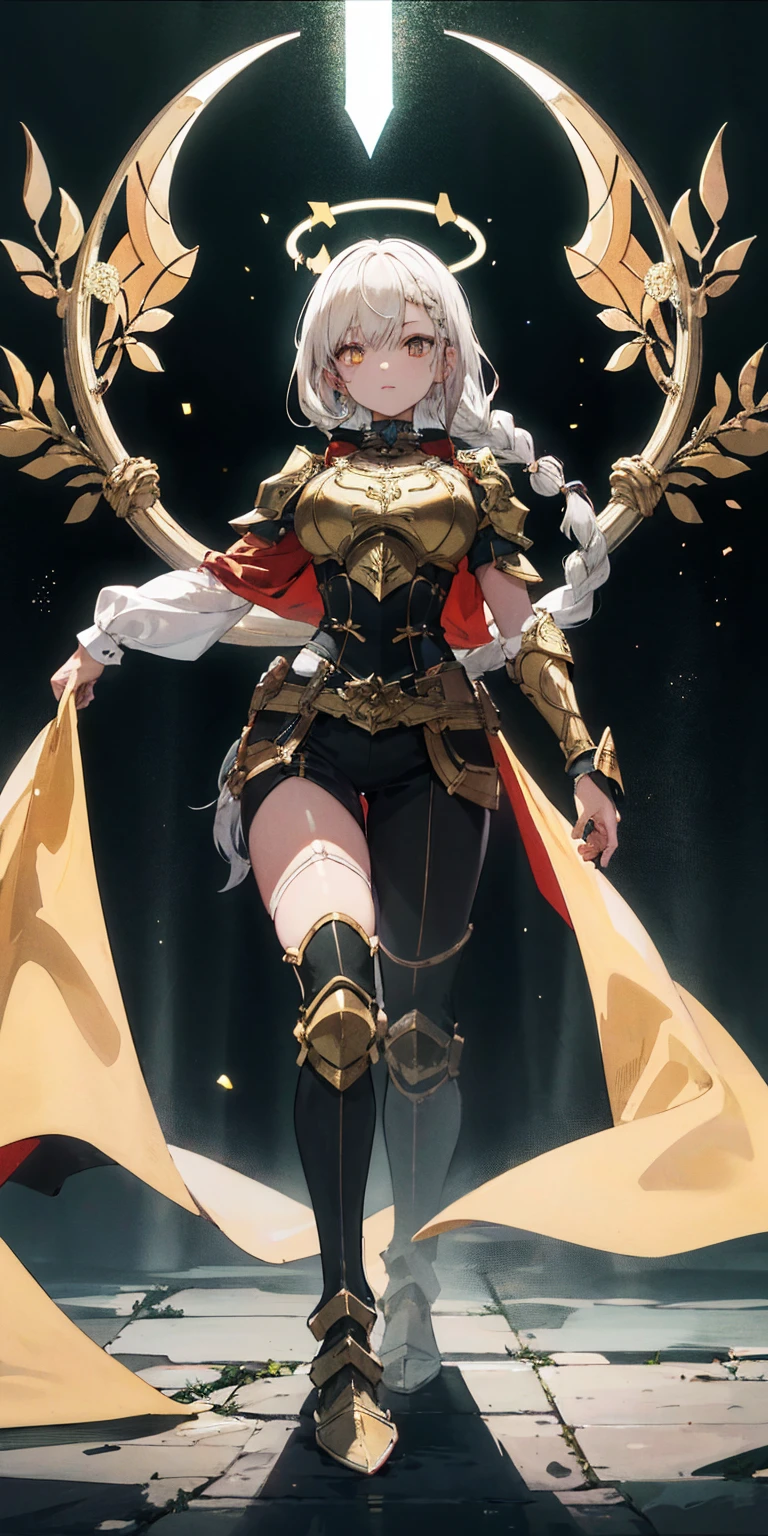 full body of paladin lady in ornate golden armor, black collar, pauldrons, breastplate, corset, glowing halo, single braid, BRUNETTE , yellow glowing eyes, bright pupils, eye focus, red cape, temple indoors, stained glass windows, night, moonlight, particles, light beam, chromatic aberration