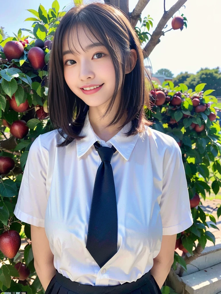 (A super cute Korean schoolgirl walking in the dazzling sunlight:1.2)(Laughing:1.2)((16k, RAW Photos, Best Quality, masterpiece: 1.2),(Her shiny, beautiful black bob hair sways softly in the wind.:1.1) Super detailed, Super Resolution, (Genuine, Genuine photos: 1.37), Portraiture, High-resolution RAW color photos, Professional photos, Very detailed, 8k wallpaper, Very detailed CG Unity 8k wallpaper, Very detailed beautiful girls, Very detailed faces, ((whole body)), beautiful woman, Huge breasts,(huge boobs:1.1) (Big Boobs:1.1), Beautiful schoolgirl (Cute school uniforms,School-designated summer short-sleeved shirt＆Red tie and shirt uniform),high school girl, Korean Girls,(K-POP Female Idols), (Idol-level beauty)(Beautiful high school girl:1.1)(Orchard)((Age 15)(Fruit picking date:1.2)(NSFW:1.2)Harvesting Fruit