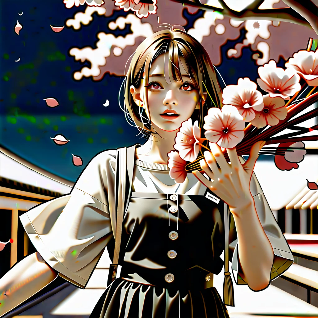 A young Japanese female student standing at the edge of darkness, reaching out towards a distant light. Swirling wind surrounds her, carrying cherry blossom petals. Her eyes reflect determination and hope. The scene is a blend of realism and surrealism, with heart-shaped stars twinkling in the night sky above.