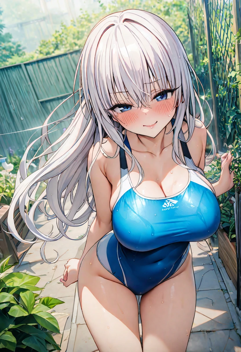 ((masterpiece,Best Quality,8k,Ultra-high resolution)),  1 person　、Adult women in their 20s　,  Momo Juvenile Deviluke,                                     Browse your audience　、　Embarrassing　,          Shy smile　、   Squinting White Hair　, Long Hair　　 、　Fluttering Hair、　blue eyes   　、                                                The body is slim,   Big Breasts　　、　　Competitive Swimsuit　、　garden