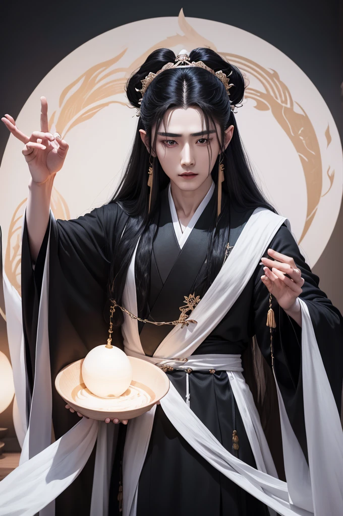 a close up of a person with long hair wearing a black robe, cai xukun, with long white hair, with white long hair, inspired by Zhang Han, inspired by Wu Daozi, inspired by Bian Shoumin, inspired by Luo Mu, with his long black hair, inspired by Gong Xian, inspired by Wu Bin, he has dark grey hairs