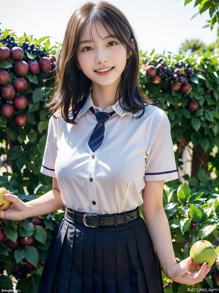 (A super cute Korean schoolgirl walking in the dazzling sunlight:1.2)(Laughing:1.2)((16k, RAW Photos, Best Quality, masterpiece: 1.2),(Her shiny, beautiful black bob hair sways softly in the wind.:1.1) Super detailed, Super Resolution, (Genuine, Genuine photos: 1.37), Portraiture, High-resolution RAW color photos, Professional photos, Very detailed, 8k wallpaper, Very detailed CG Unity 8k wallpaper, Very detailed beautiful girls, Very detailed faces, ((whole body)), beautiful woman, Huge breasts,(huge boobs:1.1) (Big Boobs:1.1), Beautiful schoolgirl (Cute school uniforms,School-designated summer short-sleeved shirt＆Red tie and shirt uniform),high school girl, Korean Girls,(K-POP Female Idols), (Idol-level beauty)(Beautiful high school girl:1.1)(Orchard)((Age 15)(Fruit picking date:1.2)(NSFW:1.2)Harvesting Fruit