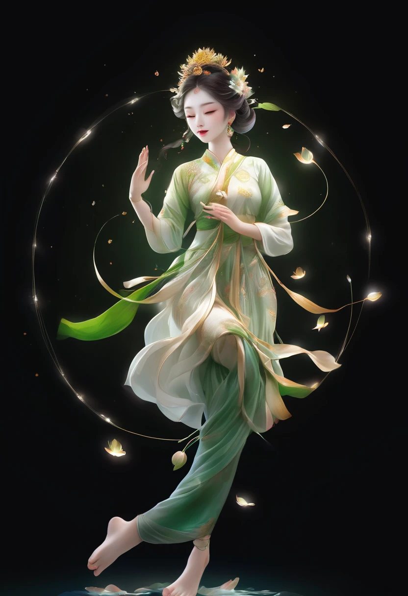 Beautiful woman dancing leisurely，The body is entwined with flowers and green leaves，bail_particle,光particle花朵，全由光particle组成的衣饰，Cross-legged lotus position,Sit on the lotus seat，A girl made of particle,The density of Metal Wire at the finger part is high,bail_Metal Wire,bail_Light Elements,Transparent luminous body,Girl made of light,I have a lotus in my hand，White Ribbon，Delicate skin、shining，barefoot，（Long curved eyebrows），Beautiful eyes sparkling，What&#39;s the big deal?, 眼睛像gem一样闪闪发光，Clear pupils reflect light，Double eyelids，Eye bags，Looking at the camera，（（Full, Red lips）） clear and distinct，（（Red cheeks）），The mandible is very Full，绿色Delicate skin光滑，Delicate skin透亮，The streamers on the body are wrapped around the leaves，gem点缀，Exquisite smart crown，gem，BeautiFully and artFully set gemstones，（skirt），BeautiFully designed jewellery，Beautiful eyes looking straight into the camera，(((Good player)))，（（（（Good feet））），（（（Good legs））），Realistically，White skin，（（Correct body structure）），Gold Set，Blue sky，Head background round light，Behind him is a colorful rainbow circle，Color halo turned on，Front lighting，Masamitsu，No shadow on the face，There are no shadows on the body，Blue sky，Fantasy Space，The ethereal world，dreamworld，Blue sky白云，Masterpiece 4k，Ultra-clear，Professional Photography，look up，Standard lens shooting，