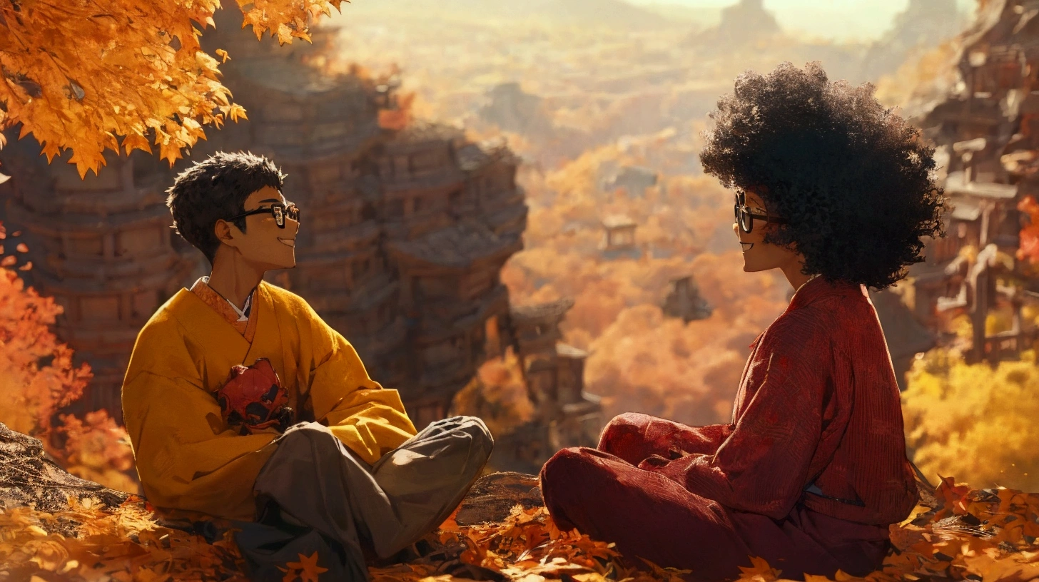 Busted up, a short Japanese nerd boy with glasses and an 1 nerd woman with an afro and black glasses, both looking at each other and smiling high up in the canyon overlooking the fall foliage.