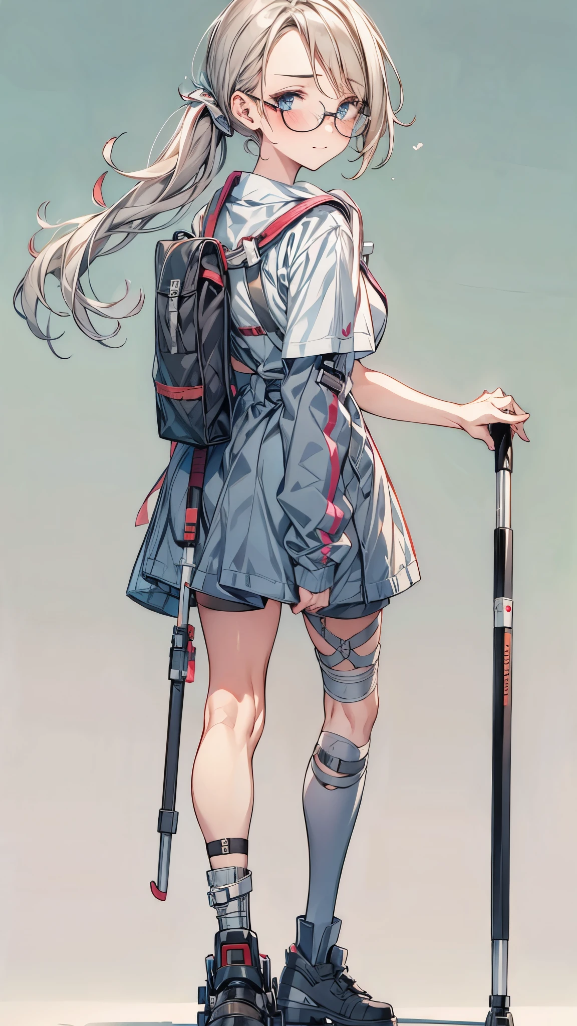 one disabled beautiful girl,1 girl,high school uniform,forehead,black low ponytail,glasses,sleepy,dissatisfaction,Irritation,Beautiful girl with a broken leg and crutch,crutch, With a cane,medical, Carrying a walking medical stick, medical leg brace, Leg and thigh shots, Really great images, Leg shots,smile, Blushing, boots with leg brace.