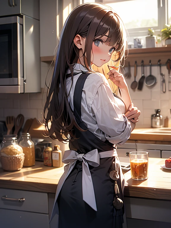 (((masterpiece, Best Quality, High resolution, 超High resolution, Pixel Perfect, Written boundary depth, 4K, RTTX 10.0, Human Development Report))),(Uniform and apron),(kitchen),(Rear view),(Turn around here),Blushing,Tying the strings of an apron