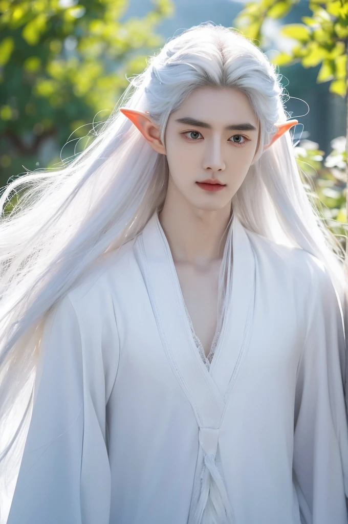 a close up of a person with a white hair and a white beard, inspired by Zhang Han, cai xukun, with long white hair, loong, beautiful androgynous prince, with white long hair, beautiful male elf, young wan angel, inspired by Bian Shoumin, elven character with smirk, delicate androgynous prince, inspired by Hong Ren