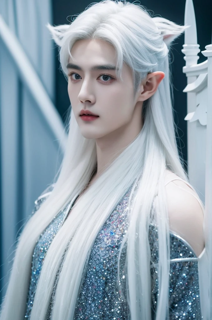 a close up of a person with a white hair and a white beard, inspired by Zhang Han, cai xukun, with long white hair, loong, beautiful androgynous prince, with white long hair, beautiful male elf, young wan angel, inspired by Bian Shoumin, elven character with smirk, delicate androgynous prince, inspired by Hong Ren