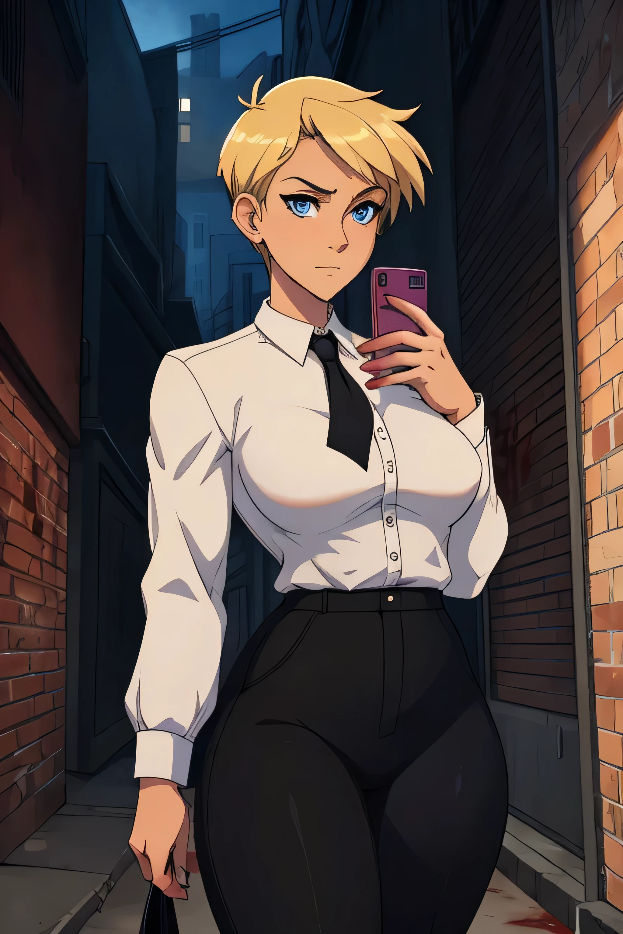 Girl with short blonde hair, blue eyes, wearing A white dress shirt, breasts, with a black tie, defined body, wearing black dress pants Wearing black pants, defined waist, hips, collared shirt, In an alley on a street at night, with a blood-stained shirt and holding a cell phone in his hand 
