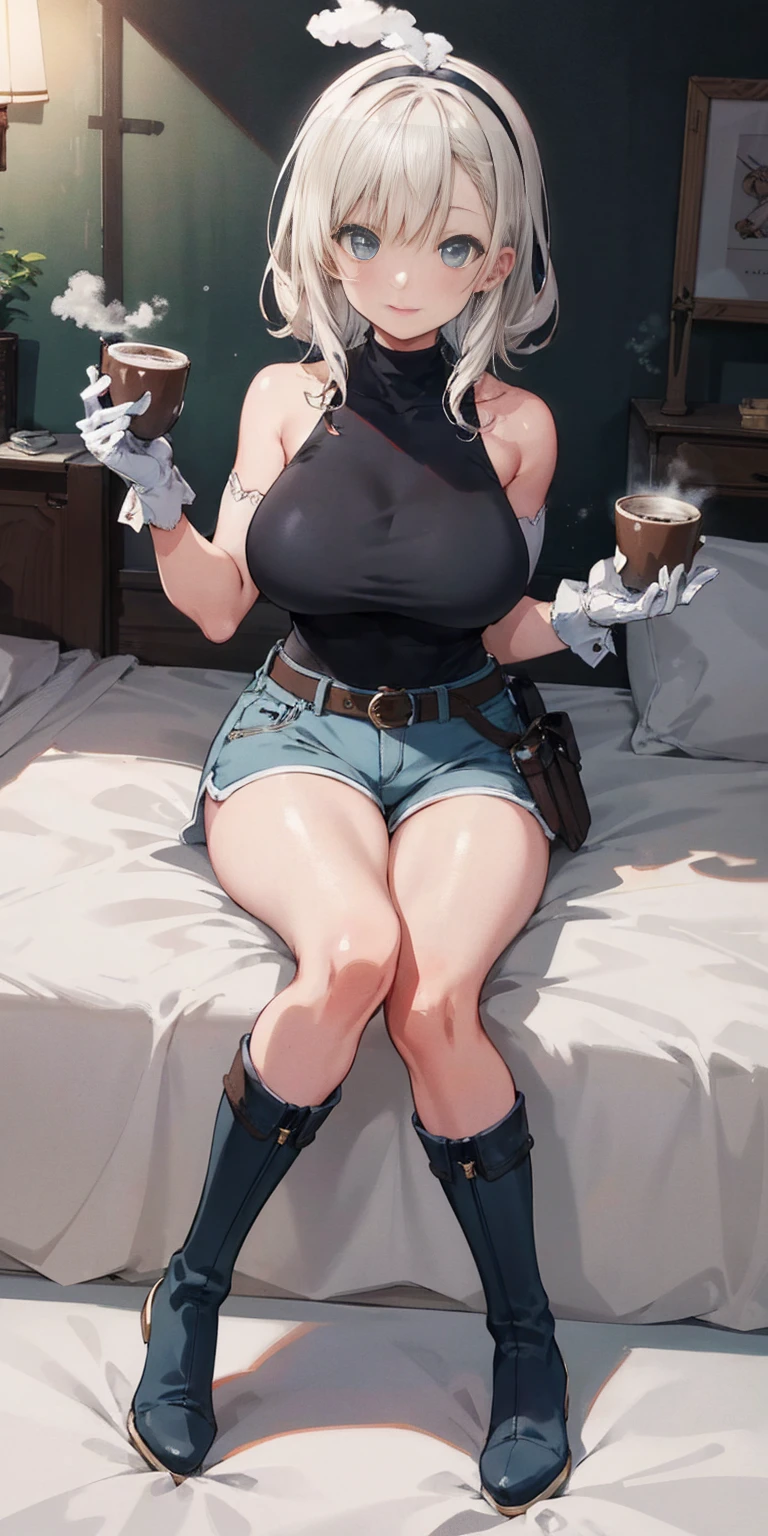 1girl full body sitting,mature female,milf,toned,tall female,big breasts, turtleneck,belt,holster,white gloves,blue shorts,black tights,leather boots, absurdres,hair band, cowboy shot,looking at viewer,cute,attractive, eye contact,light smile,on bed,holding cup,hot chocolate,steam,anime style,vibrant,studio anime,highly detailed