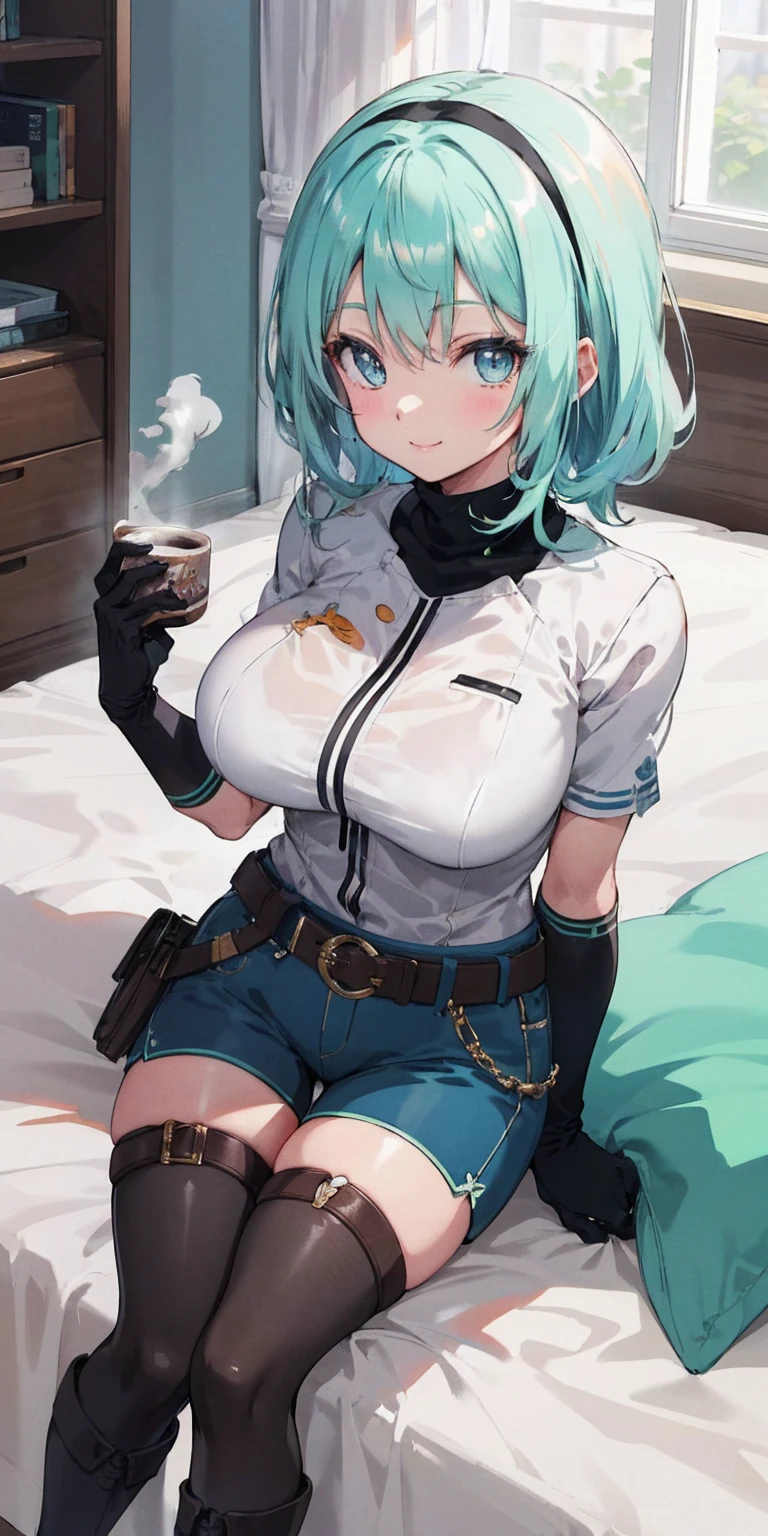 1girl full body sitting,mature female,milf,toned,tall female,big breasts, turtleneck,belt,holster,white gloves,blue shorts,black tights,leather boots, absurdres,hair band, cowboy shot,looking at viewer,cute,attractive, eye contact,light smile,on bed,holding cup,hot chocolate,steam,anime style,vibrant,studio anime,highly detailed