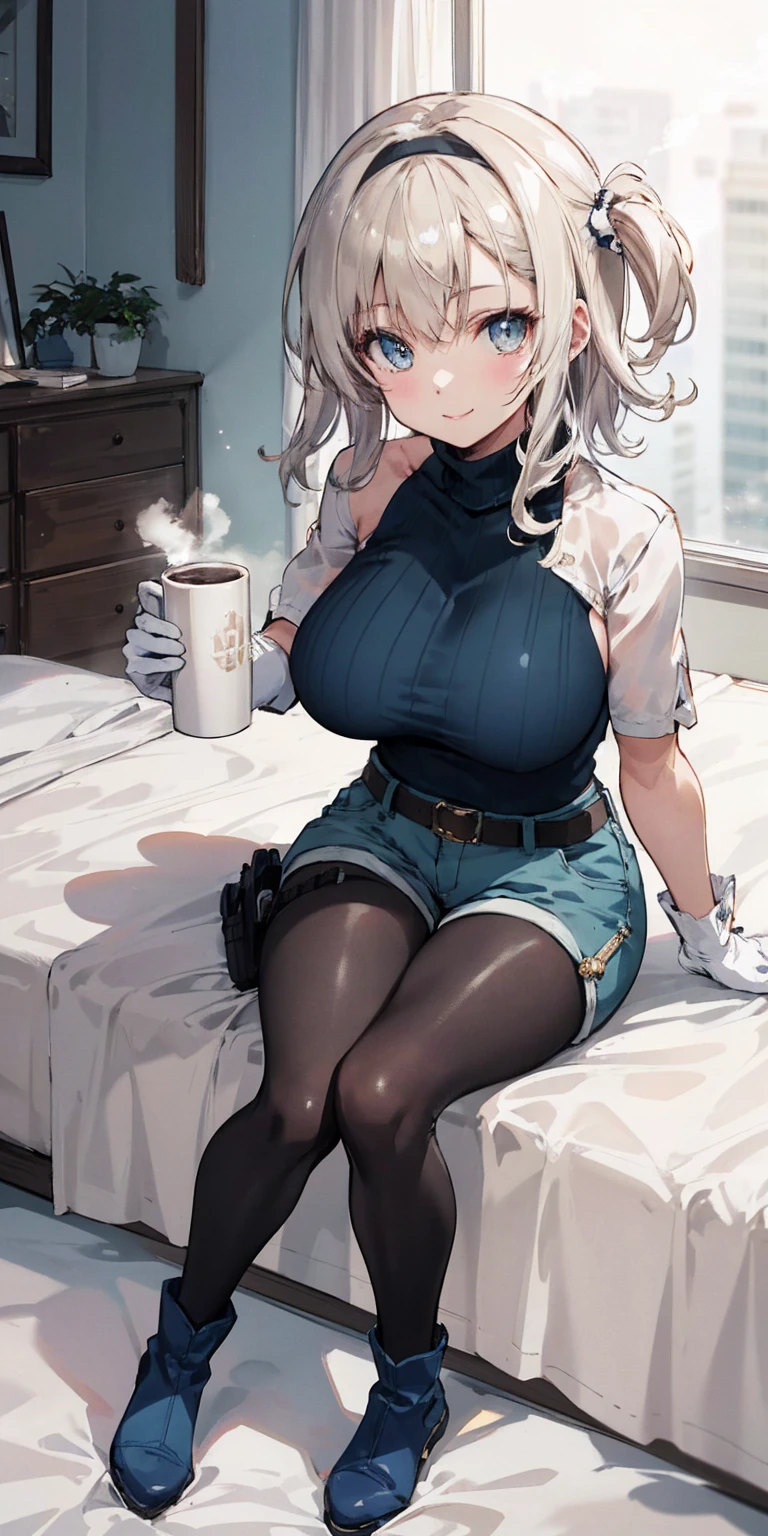 1girl full body sitting,mature female,milf,toned,tall female,big breasts, turtleneck,belt,holster,white gloves,blue shorts,black tights,leather boots, absurdres,hair band, cowboy shot,looking at viewer,cute,attractive, eye contact,light smile,on bed,holding cup,hot chocolate,steam,anime style,vibrant,studio anime,highly detailed