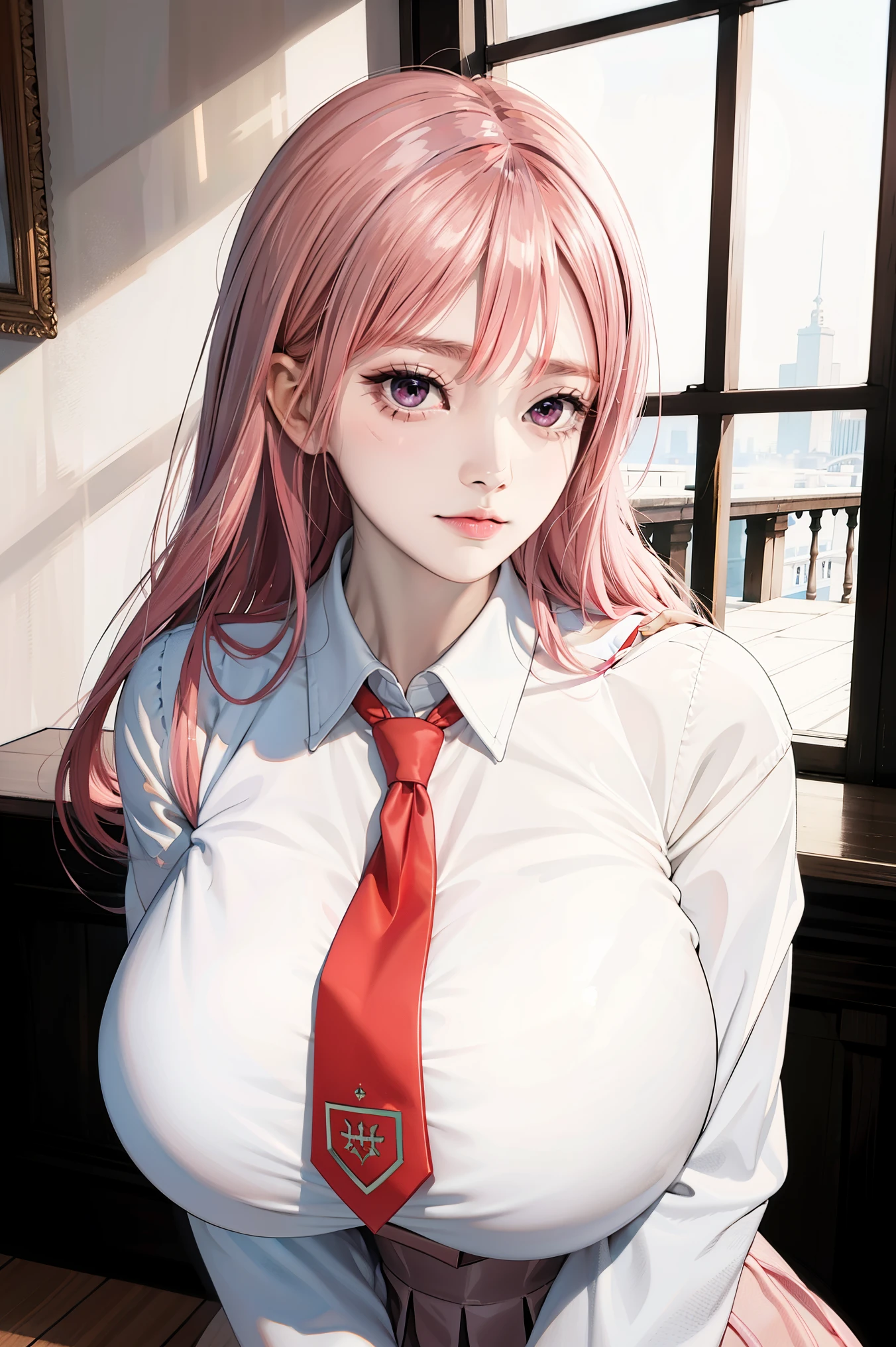 Simple white background, School uniform, seraph,red necktie,[clavicle, cleavage, (Only_Neck:1.5), Bikini, pink hair, Blunt bangs,Brown eyes, 1 girl, 20yr old,infp young woman,Beautiful Finger,Beautiful long legs,Beautiful body, Beautiful nose,Beautiful character design, Perfect eyes, Perfect face,Expressive eyes,Perfect balanceLooking at Viewer,(Focus on her face),Closed mouth, (Innocent_Big_eyes:1.0),(light_Smile:0.3), Official art,Highly detailed CG Unity 8k wallpaper, Perfect Lighting,colorful, Bright_front_Face_Lighting,White skin, (masutepiece:1.0),(best_quality:1.0), 超A high resolution,4K,Ultra-detailed, Photography, 8k, nffsw, hight resolution, absurderes:1.2, 400 for Kodak port, Film grain, Blurry background, bokeh:1.2, Lens Flare, (Vibrant_color:1.2),professional photograpy, (huge breasts:1.4), (Beautiful_Face:1.5),(narrow_waist), earrings,necklace,Low-cut,Cleavage, pantyhose