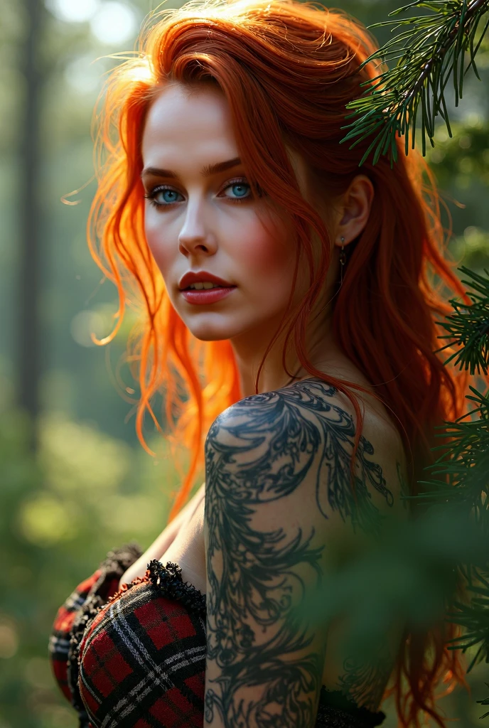 a beautiful nude redhead female, shaved pussy, 5ft tall, detailed facial features, piercing green eyes, long flowing hair, smooth skin, elegant pose, intricate tattoos, nature forest background, warm lighting, award-winning digital art, photorealistic, highly detailed, cinematic lighting, 8k