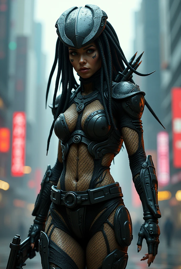 dark cyberpunk city ruins, Beautiful African Asian mix cyberpunk woman with dark cleopatra style eyeliner and under eye makeup, wearing a cyberpunk thong bikini combat boots and equipment belt, best quality, super detail, 16k, masterpiece, anatomically correct, full body view