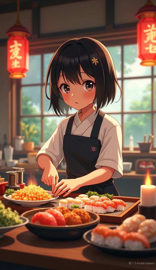 makoto shinkai style anime, Sushi Japanese food, tasty hot food