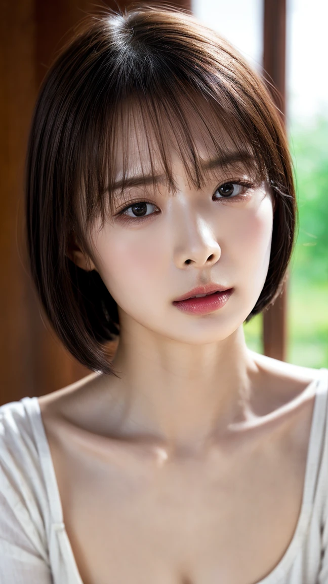 ((Petite women, Sensual woman, No makeup, 柔らかい笑face)), (((Small eyes, Long, narrow eyes))), (Full body portrait, Black Hair, Short Hair, Small breasts, Wearing a white T-shirt, Protruding nipples, Thick pubic hair), White skin, Glossy pale lips, skinny, Body Type, Delicate and sexy collarbone, Best Quality, RAW Photos, Realistic, face, so beautiful, cute, Depth of the written border, High resolution, 超detailed, detailed, Very detailed, extremely detailed eye and face, Sharp pupils, Sharp focus, Cinema Lighting