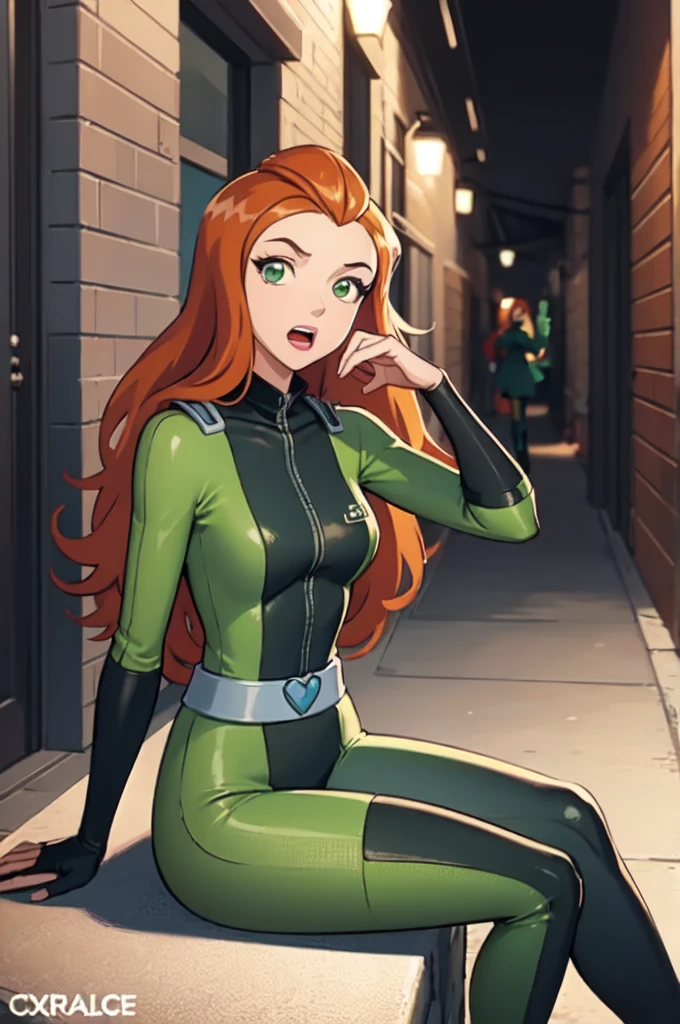 masterpiece, best quality, ultra-detailed, illustration, 1girl, sam \(totally spies\), orange hair, long hair, green eyes, green bodysuit, belt, open mouth, figure four sitting, alleyway 