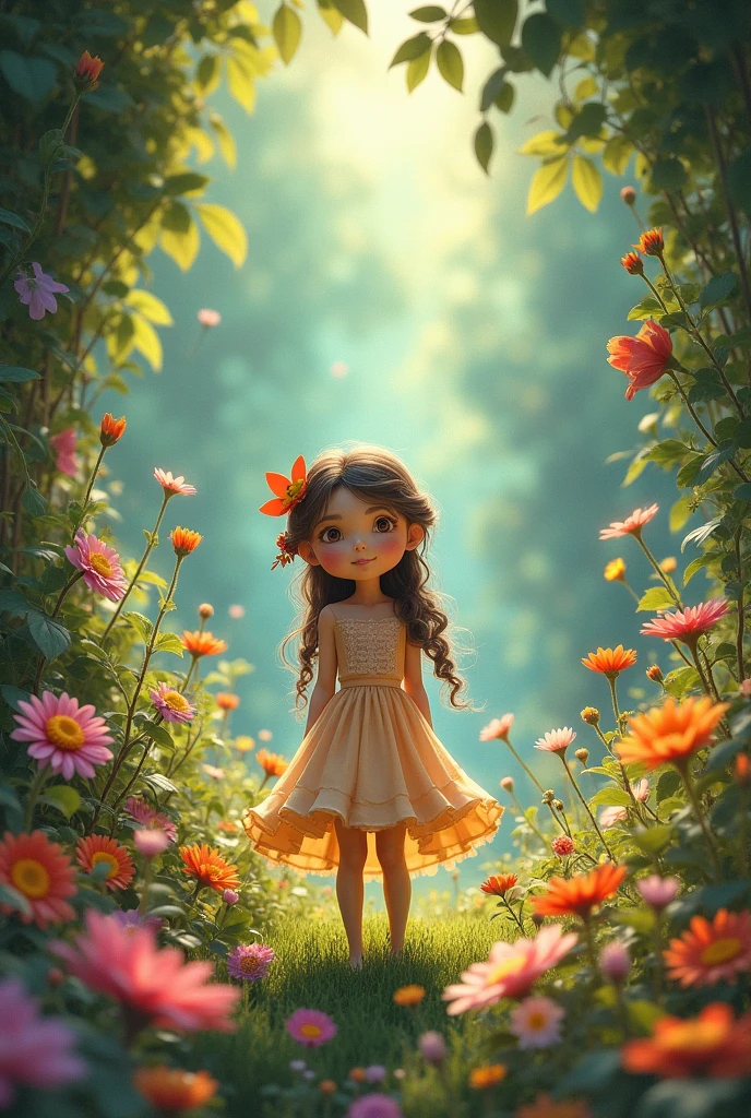 A girl with long Brown hair from back with no face realistic in the garden full of flowers and colors, in fairy style