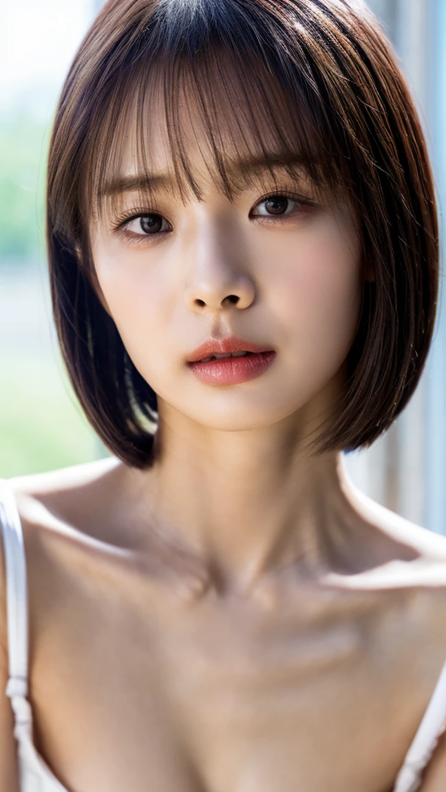 ((Petite women, Sensual woman, No makeup, 柔らかい笑face)), (((Small eyes, Long, narrow eyes))), (Full body portrait, Black Hair, Short Hair, Small breasts, Wearing a white T-shirt, Protruding nipples, Thick pubic hair), White skin, Glossy pale lips, skinny, Body Type, Delicate and sexy collarbone, Best Quality, RAW Photos, Realistic, face, so beautiful, cute, Depth of the written border, High resolution, 超detailed, detailed, Very detailed, extremely detailed eye and face, Sharp pupils, Sharp focus, Cinema Lighting