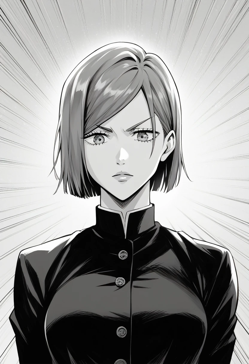 score_9, score_8_up, score_7_up, score_6_up, 1girl. greyscale, nobara kugisaki, bob cut, short hair, manga style, anime aesthetic, expressive faces, bold outlines, detailed background, dynamic pose, seinen style, cross-hatching, high resolution, high quality, ultra detailed, super defined, sharp focus, crisp lines, ultra realistic, perfect lighting, perfect composition, perfect proportions, perfect perspective, perfect mood, shaded with crosshatching, crosshatching details, crosshatching technique 
