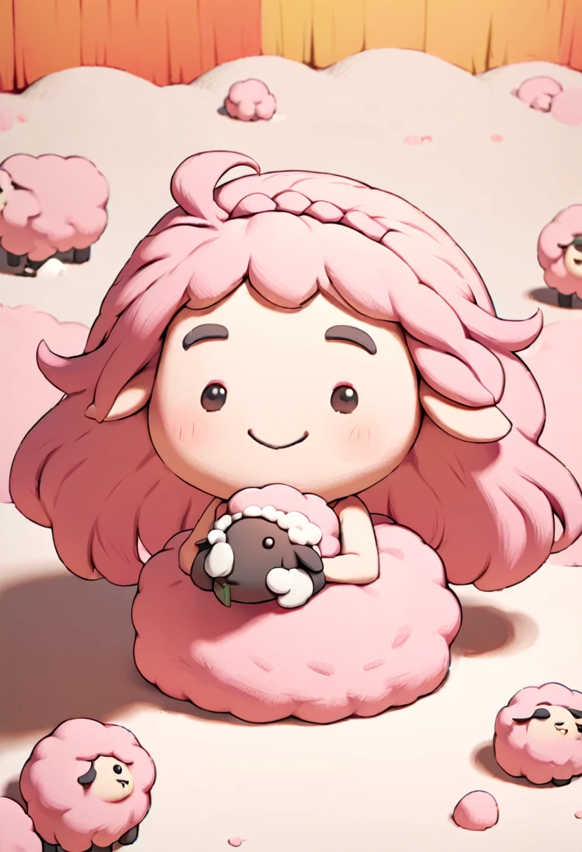 (Clay animation, Masterpiece:1.2, A warm style, Shaun the Sheep Style), Made of clay:1.3, One woman, Pink fluffy hair, Long Hair, Thick eyebrows, smile, sheep, sheep小屋