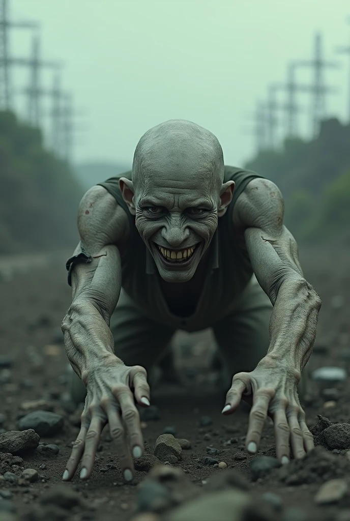 A horror scene with the text "BOA TARDE" in extra bold, gothic style at the top. An old, decaying man with deeply wrinkled skin, wearing filthy, tattered clothes, stands amidst a terrified crowd. He has one white eye and one green eye, and he is smiling with a toothless grin. The scene is ultra-realistic, with the old man appearing grotesque and eerie, surrounded by a dark, chaotic atmosphere, evoking a sense of fear and despair.