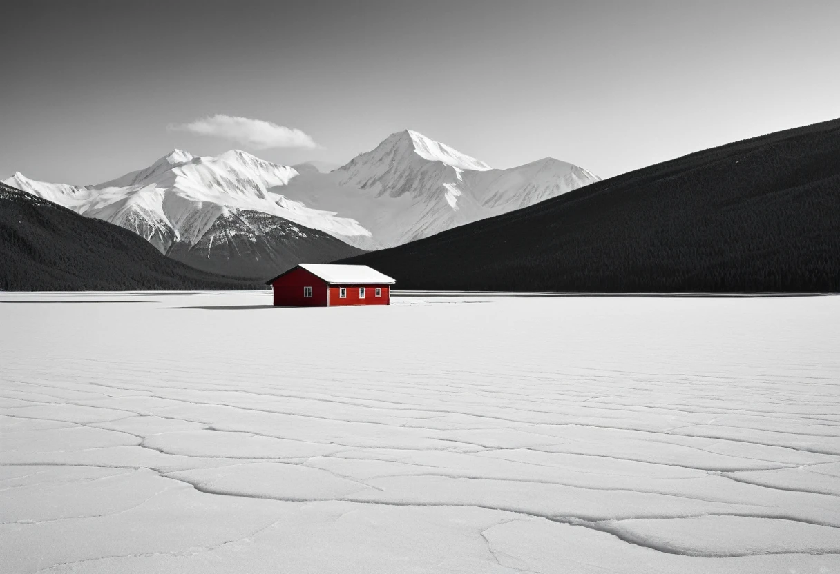 Alex Howitt，Scenery，Black and White，Minimalism，Vast snowfield，No snow mountain，lake，Red House，