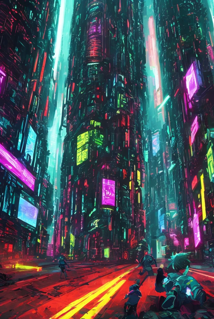 Design me a colorful 3D cyberpunk video game style drawing, where a child appears with his back turned but looking backwards as if he were being chased and was in a dead end