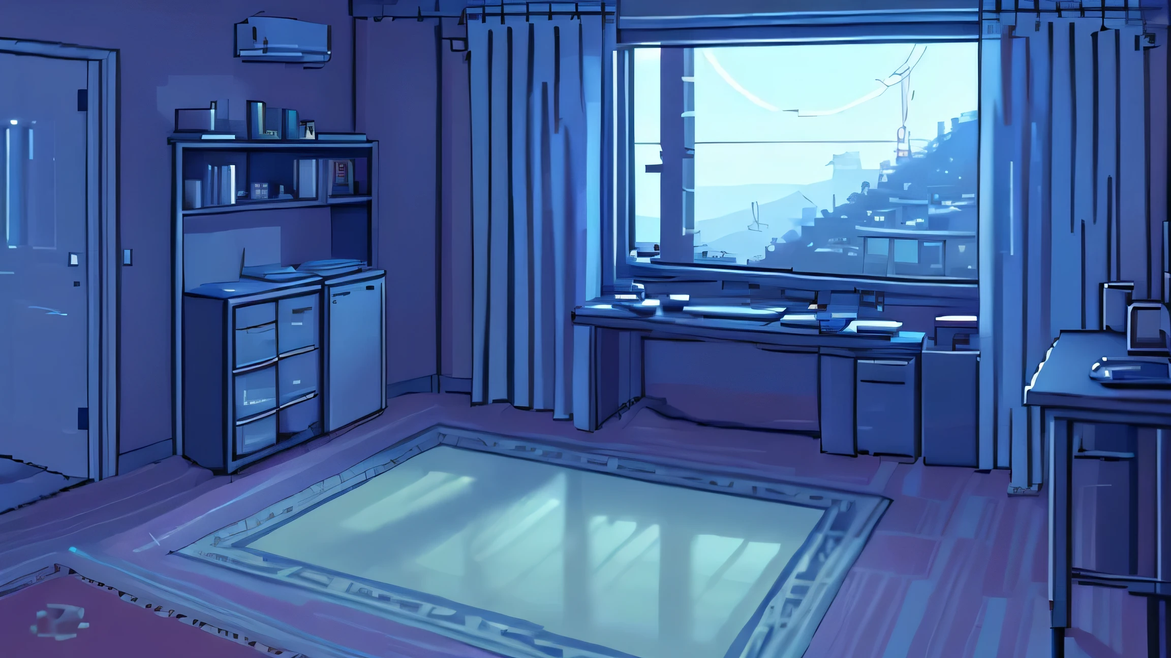 room、at dusk、desk 、Window in the center、Pixelart,Pixel、4K、carpet flooring