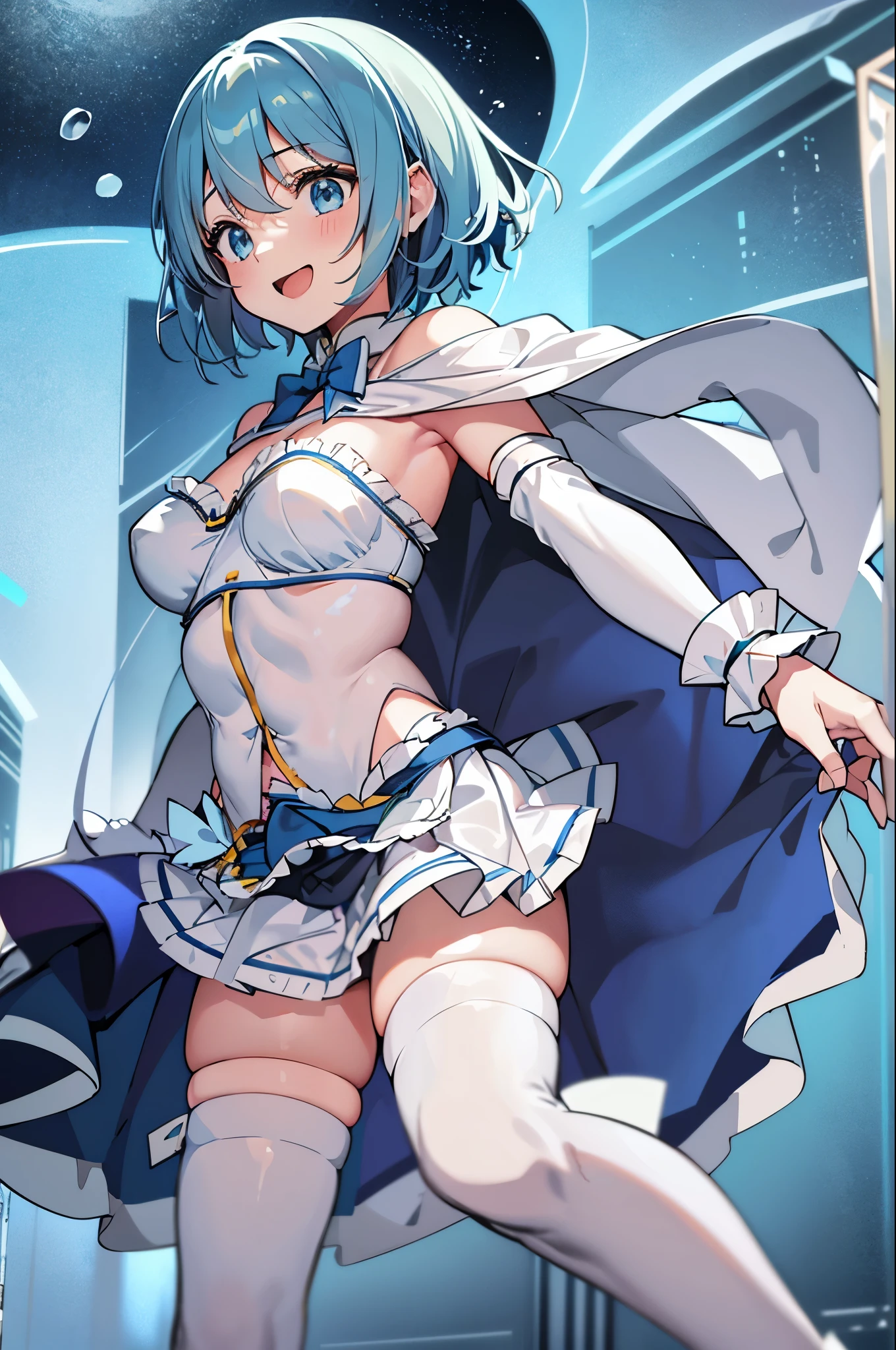 1young_teen_girl,Sayaka Miki,(puella magi madoka magika), large_breasts,blue_bra_over_chemise,curler,bare_shoulder,pleats_skirt,white_cape,cloak,shoes,aquablue_short_hair,globe,knees,(bare_belly:1.2),navel_ornament,thigh-highs,dynamic_standing,smile,open_mouth,(abs:0.8)