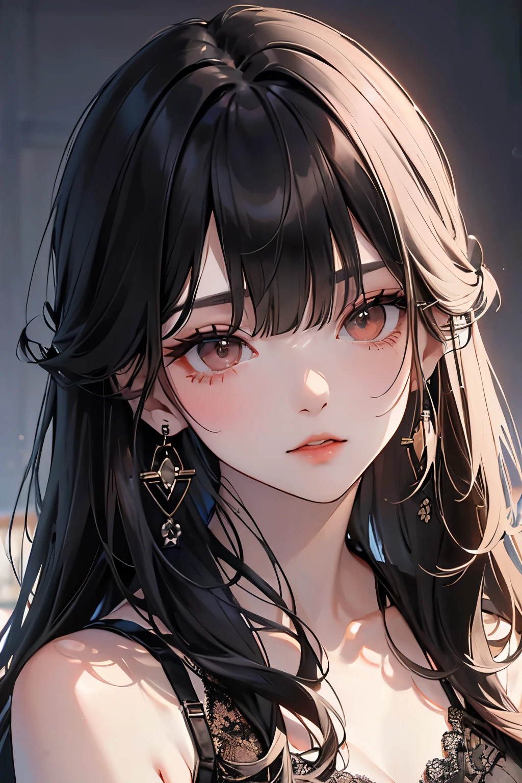 anime girl 20 years old with narrow yellow eyes, a smoll mole under the eye, bruises under the eye, inconspicuous freckles on the nose, straight dark brown hair below the shoulders and oblique long bangs covering the left eye, pale skin, tired look, breasts of the second size, low height, 4k