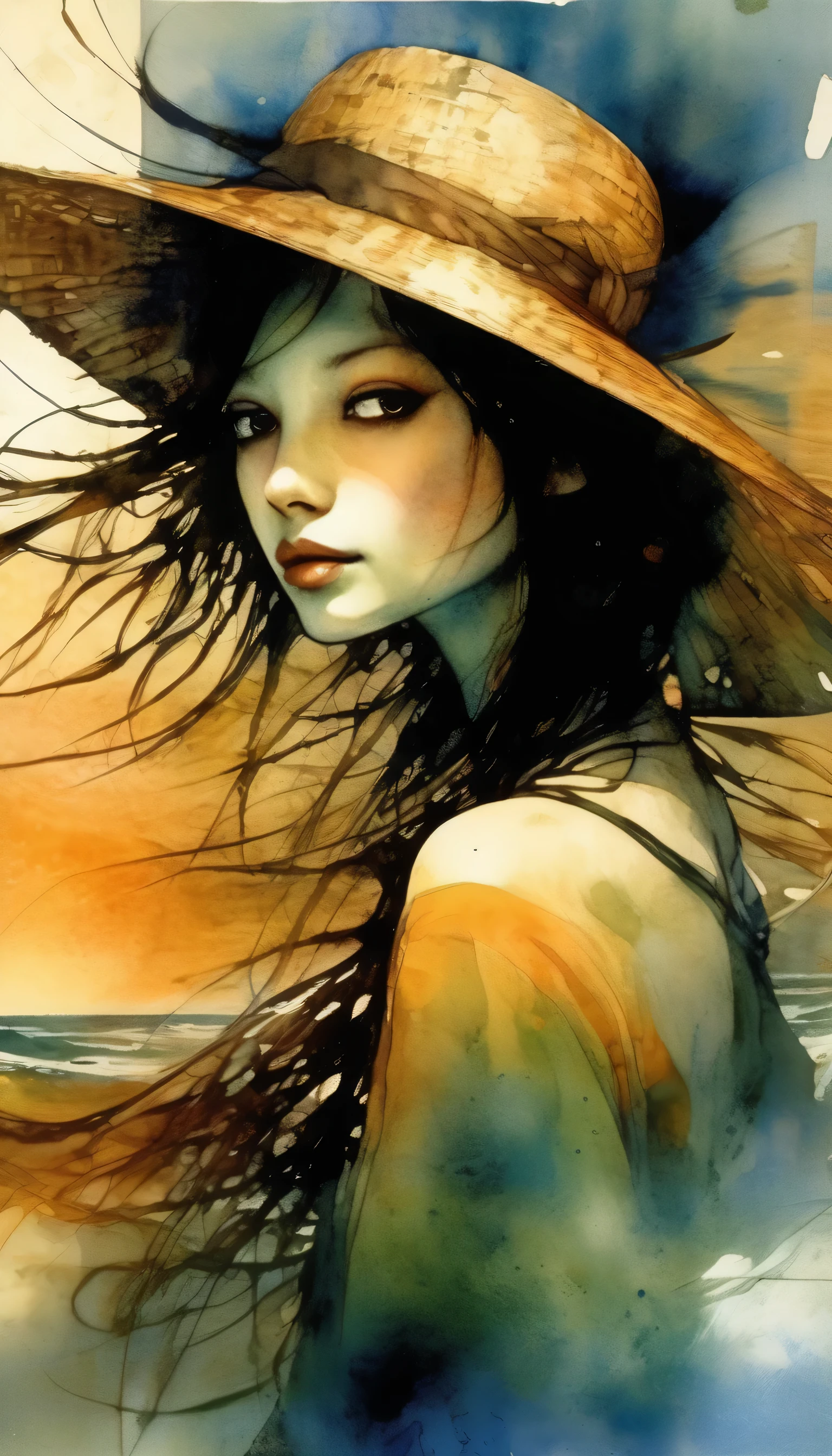 (Watercolor style, Spectrum Art) + Majestic Ocean, panoramic viewが広がる + Costume bag (View) + (flow + Subtle reflection) + (blend + Scattered) + (Light and shadow are clear + Swaying Dynamic), Beautiful face girl、Wearing a straw hat、Masterpiece、Watercolor style、High image quality、、masterpiece, high resolution, top-quality, Dave McKean inspired artwork, Intricate details, oil