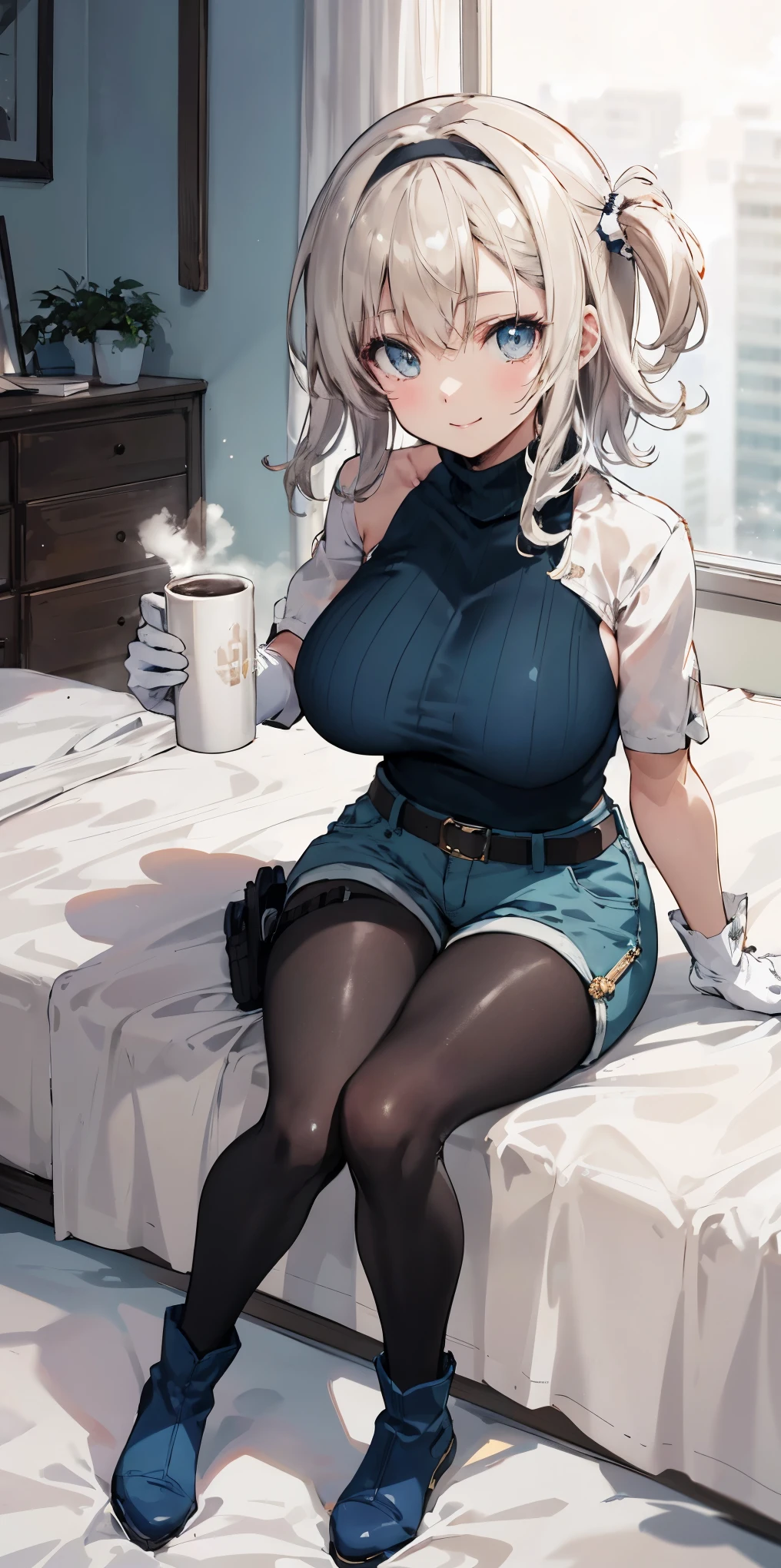 1girl full body sitting,mature female,milf,toned,tall female,big breasts, turtleneck,belt,holster,white gloves,blue shorts,black tights,leather boots, absurdres,hair band, cowboy shot,looking at viewer,cute,attractive, eye contact,light smile,on bed,holding cup,hot chocolate,steam,anime style,vibrant,studio anime,highly detailed