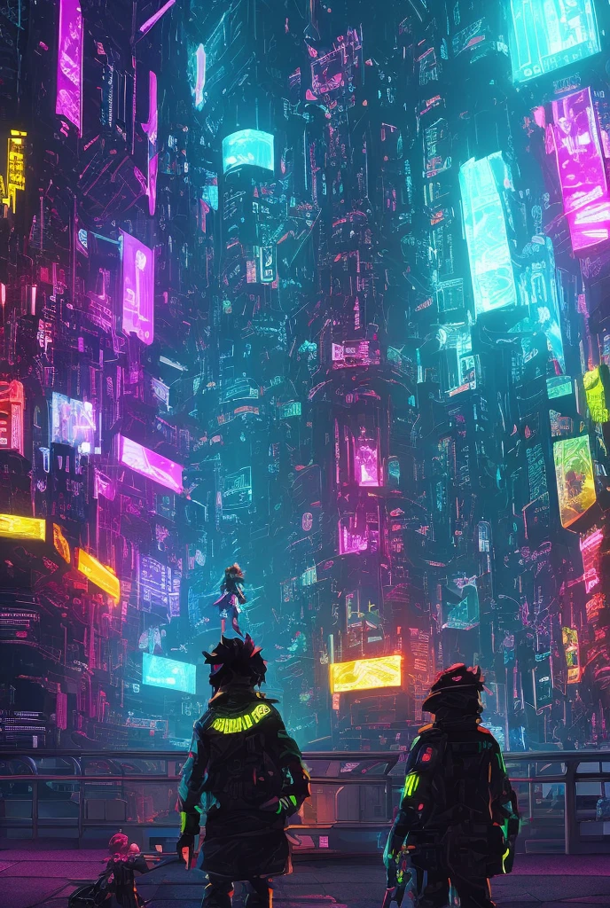 Design me a colorful 3D cyberpunk video game style drawing, where a child appears from behind but looking backwards as if he were being chased and was in a "dead end"