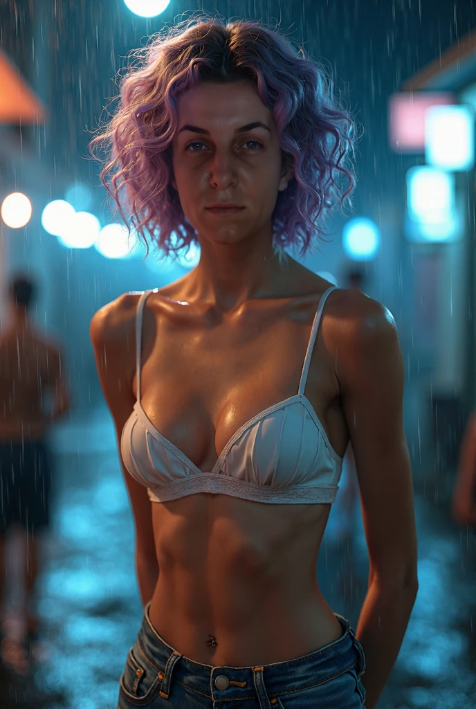 Girl, blue short tight shorts , Unbuttoned shirt on a naked body, Bare breasts, chest visible, street background, Narrow passage between houses, night, rain, slim body, In full growth, Sneakers,
