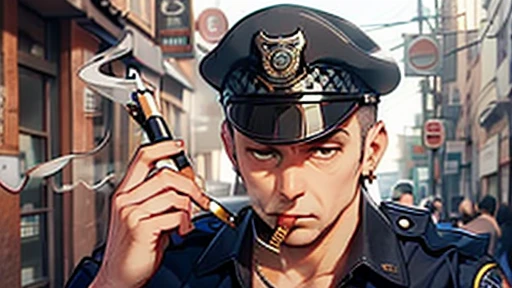 ((((Tired man smoking a cigarette)))), (((((Police officer))))), Solo, unmotivated expression, hard to smile