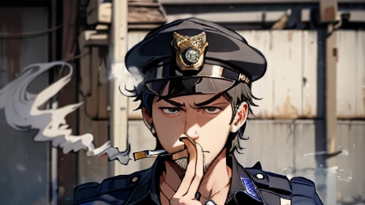 ((((Tired man smoking a cigarette)))), (((((Police officer))))), Solo, unmotivated expression, hard to smile