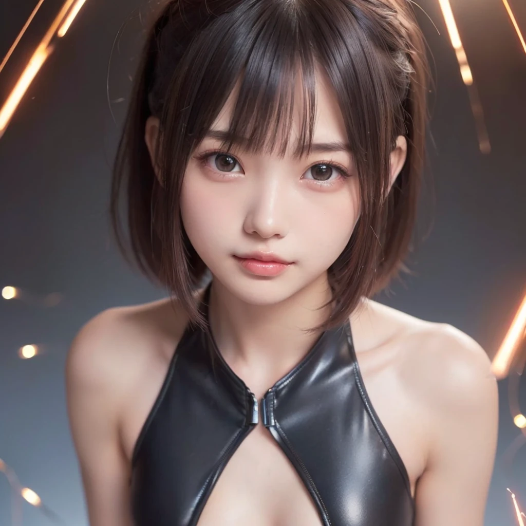 8k、Best Quality、(((Beautiful girl small breasts))),Cute Woman、(((Upper body naked))),Big smile,(((Completely naked))),Shoulder-length hair、(((Black hair))),Round face,Big eyes,Shoulder-length hair、 Round eyes、No makeup、Sweaty、sweating、(((Black Costume))),(((Futuristic Battle Suit)))、(((Clothes that tightly grip the breasts))),(((A suit that emphasizes the shape of the breasts))),(((She has the ability to control red lightning.))),(((She has a red lightning-like aura around her body.))),(((Red electrical sparks coming from the body))), , Futuristic, Post-apocalyptic, dark, 薄dark光, ((masterpiece, Best Quality, )),(((Her nipples are exposed through the gaps in her clothes))),,(((Small nipples))),(((Small areola))),(((Nipple details))),Neon-lit streets of a cyberpunk metropolis, Ignoring the boundaries between reality and technology、(((Small breasts)))、(((Small breasts)))、Cute beautiful girl、(((Upper body naked)))、、(((evil smile)))、8age、A face like an 、Very cute