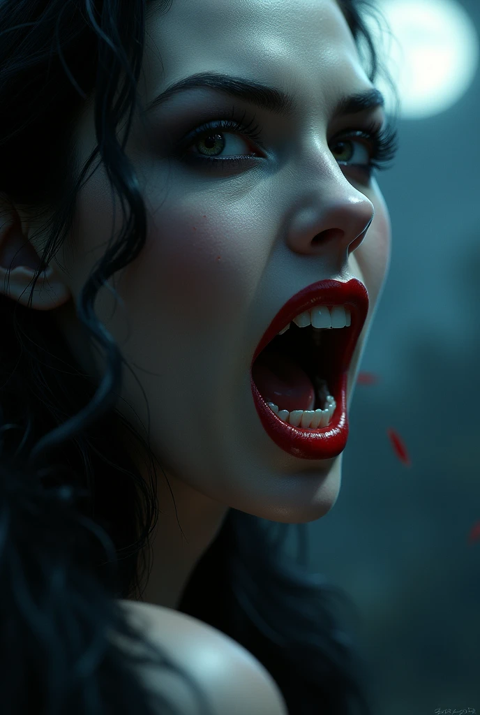 Japanese Yokai、Horror images、A woman&#39;s head flying in the air、Long black hair、With bangs、have an angry face with teeth bared、A head flying through the air and attacking people、Beautiful face、Japanese women、