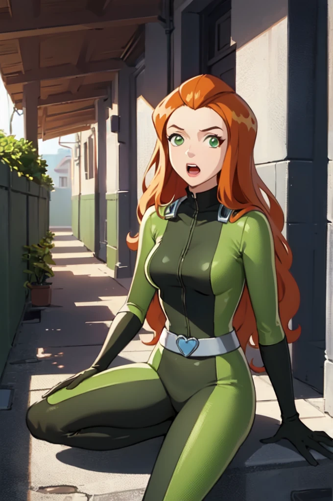 masterpiece, best quality, ultra-detailed, illustration, 1girl, Original_Source_sam \(totally spies\), orange hair, long hair, green eyes, green bodysuit, belt, open mouth, figure four sitting, alleyway 