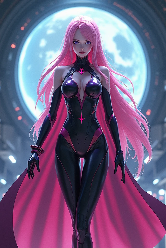 closeup, lala Staline deviluke, alone, [dark blue and pink hair: blue and pink hair:0.2], cyberpunk, high tech, V, mechanical parts, looking at audience, black eyes, long hair, luminous laser female super tech jumpsuit, cyberpunk mechanical body parts, with tattoos, interior, luminous laser earrings. high contrast, night, black, [freckles:0.9], reflective transparent rainbow, long hair, breasts, white skin most beautiful Korean woman's face, seductive expression, (relaxed pose: 1.5), eva, complex background, Sony a6300, extremely beautiful and gorgeous anime illustration, with cinematic perspective，(relaxed pose: 1. 5), eva, complex background, Sony a6300, extremely beautiful and gorgeous anime illustration with a cinematic perspective.