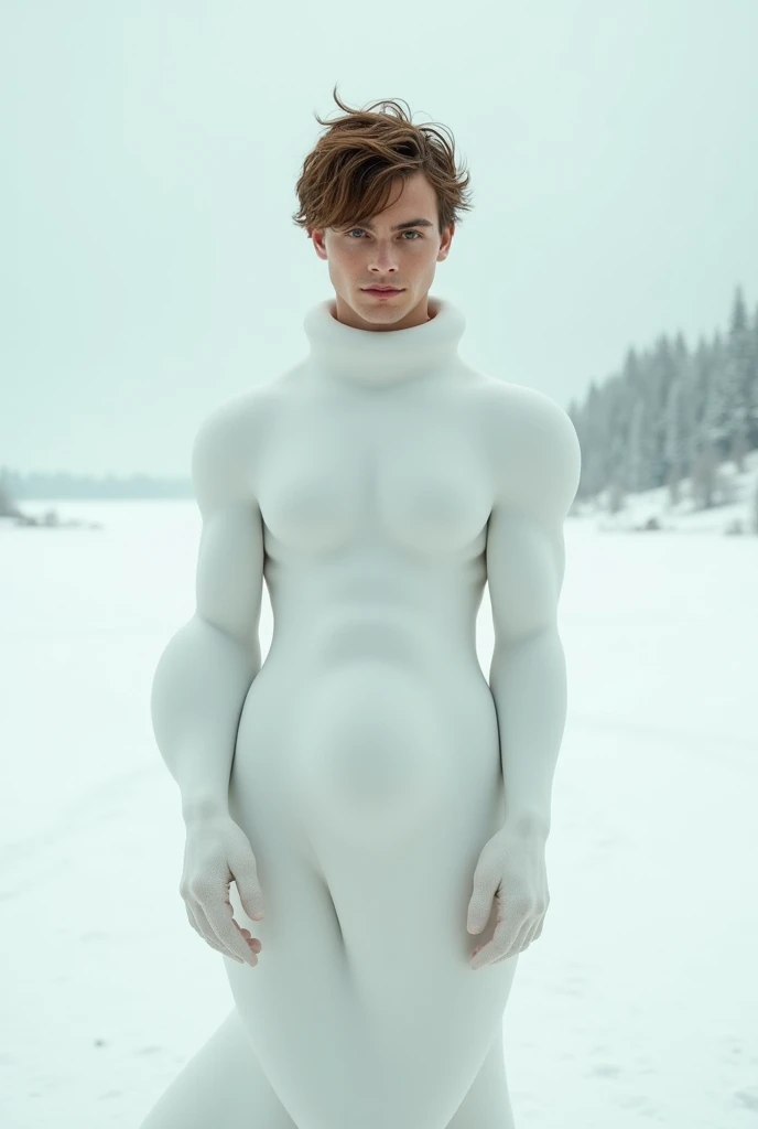Full Body photorealistic handsome Hunky white haired Jack Frost, naked nude perfect detailed penis and scrotum, standing on the winter snow land