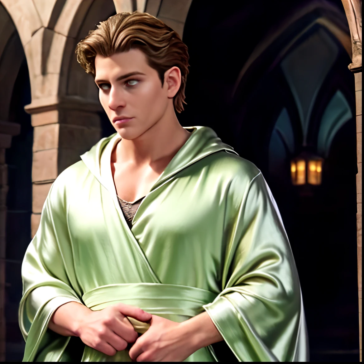 (face focus). (masculine:1.3), (large strong physique:1.0), at outdoor gothic castle, (wearing large long flowing simple green and silver silk fantasy wizard robes:1.3), (wearing matching long flowing cape:1.2), (grey eyes), (fantasy theme:1.3), styled hair, confident, handsome, (((masterpiece))), (((best quality))), (dignified pose:1.2), male, athletic, looking at viewer, (short hair), lower color saturation:1, lower contract color:1, 