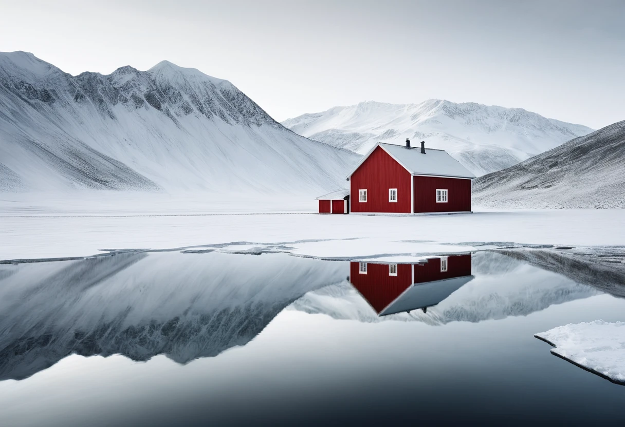 Akos Major，Scenery，Black and White，Minimalism，Vast snowfield，No snow mountain，Red House，lake，Reflection