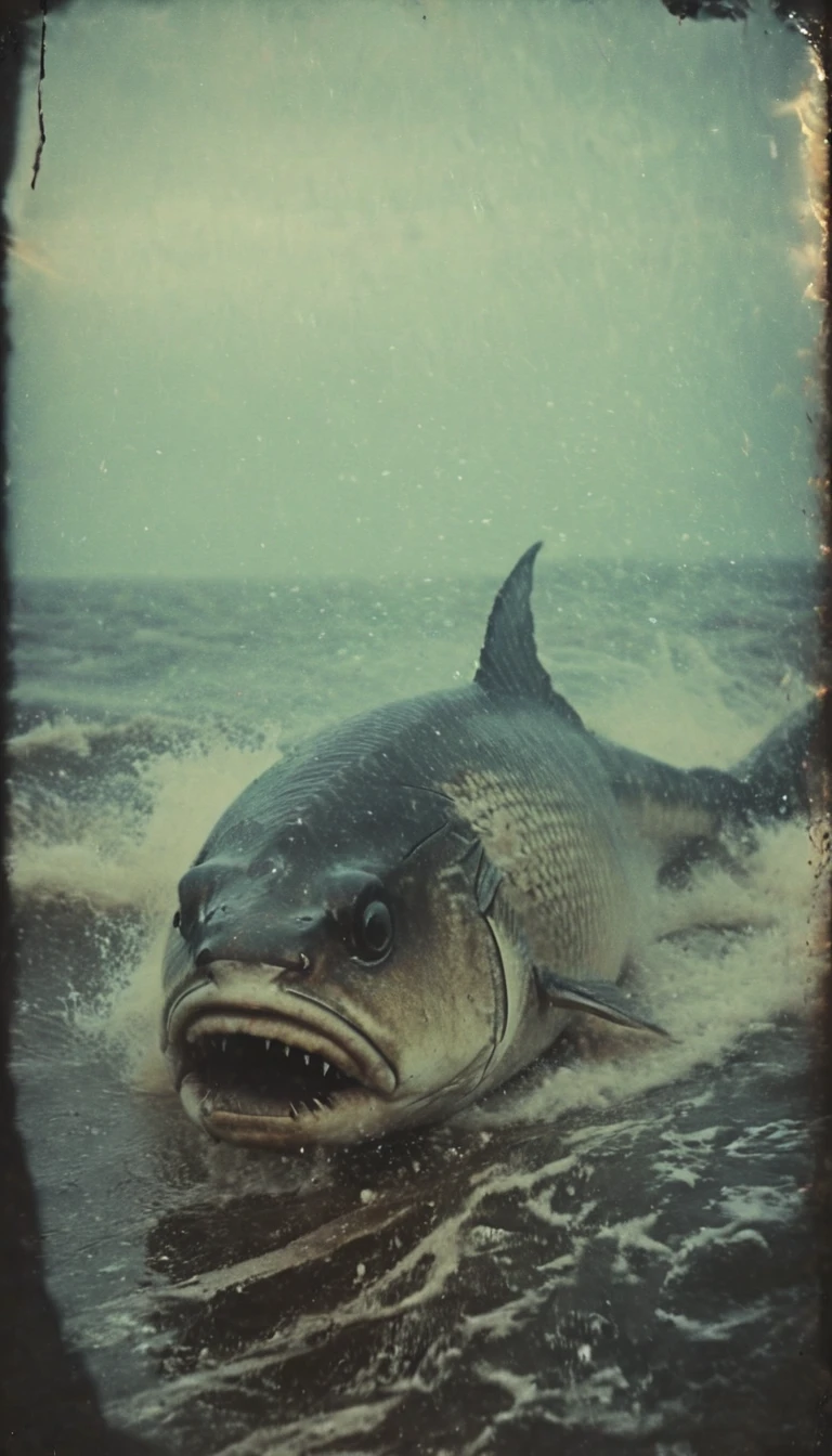 grainy, polaroid, 35mm vintage, realistic old footage,  giant monster fish, Sharp teeth, hiding under water, , Atlantic ocean, Black and white colors.